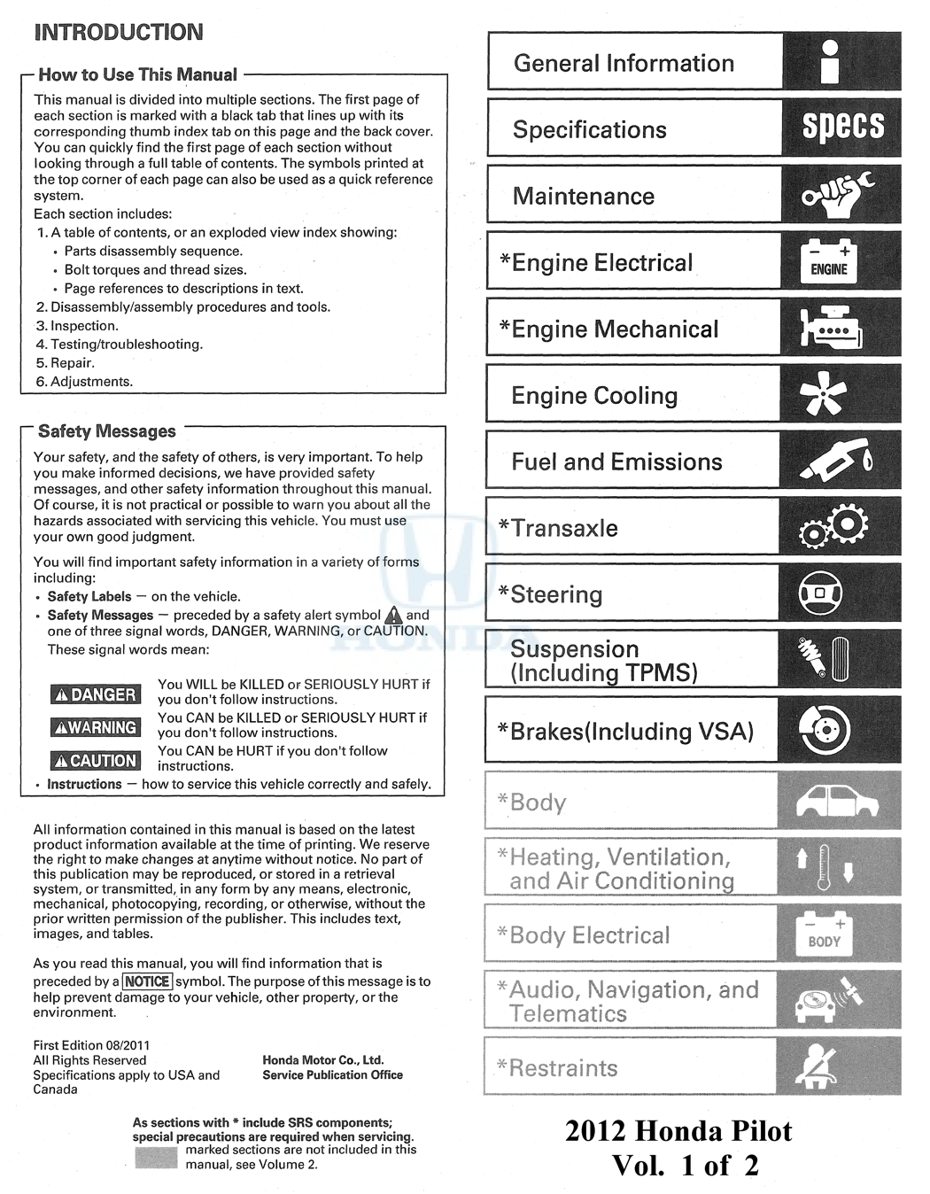 2012 Honda Pilot Complete Workshop Repair Service Manual