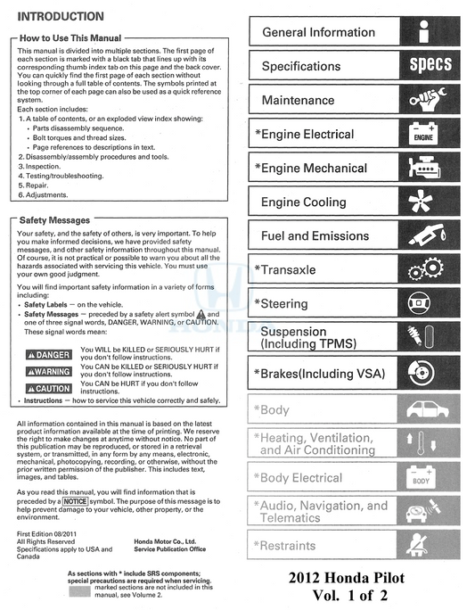 2012 Honda Pilot Complete Workshop Repair Service Manual