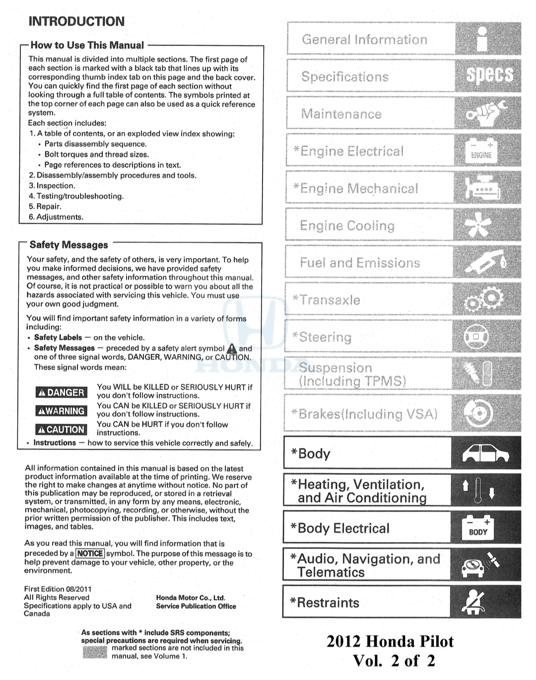 2012 Honda Pilot Complete Workshop Repair Service Manual