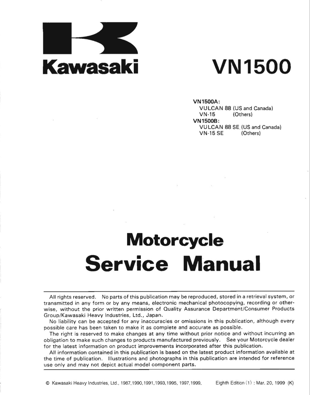 Kawasaki VN1500 1987-1999 Service Repair Manual 99924-1078-08 270 Pages