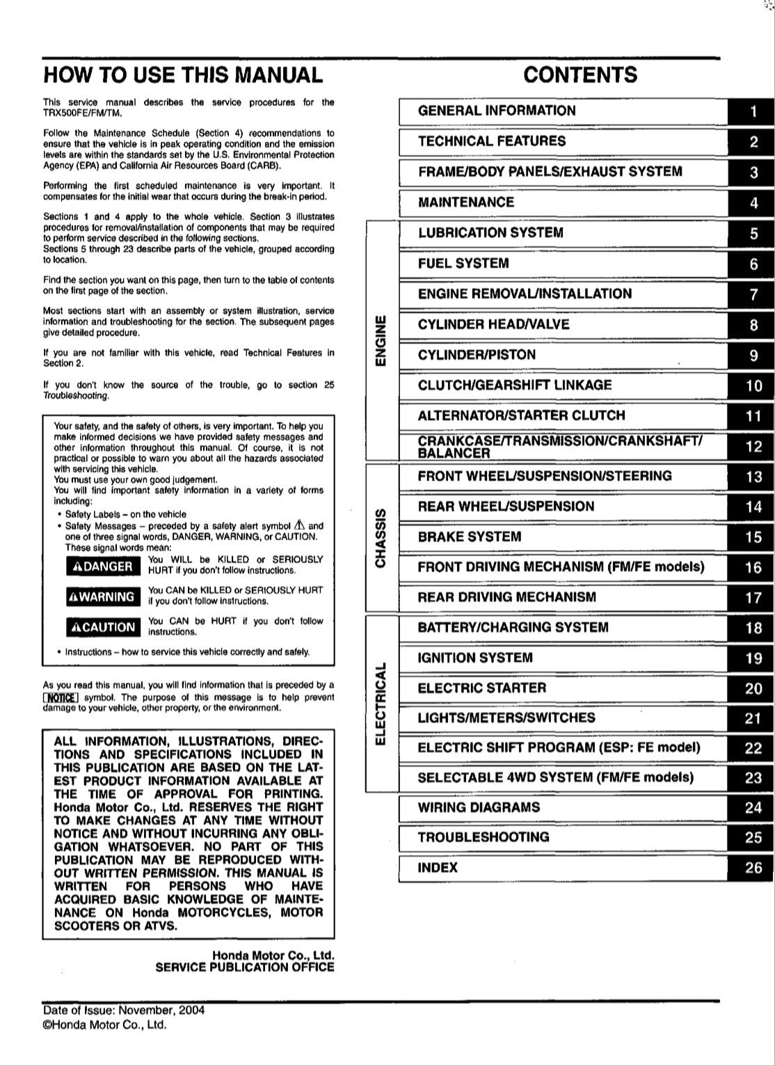 Honda 2005-06 TRX500FE FM TM Fourtrax Foreman Service Manual 448 Pages