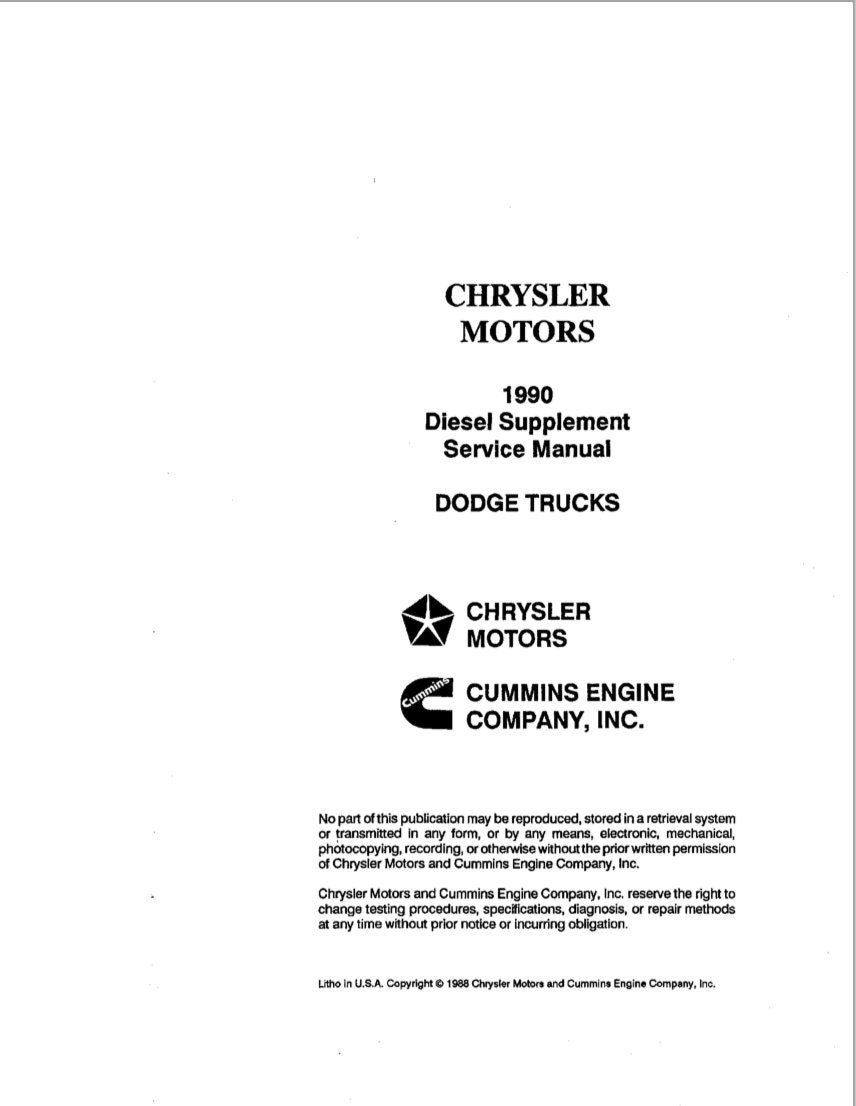 1990 Dodge Ram Pickup Truck Diesel Engine Complete Service Manual