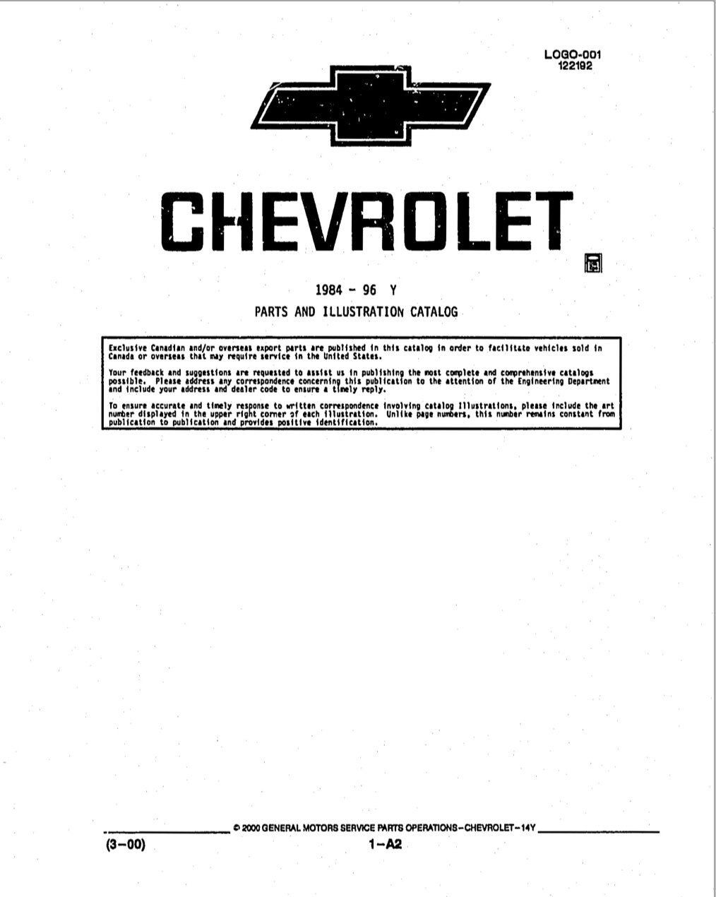 1984 - 1996 Chevrolet Parts And Illustration Catalog