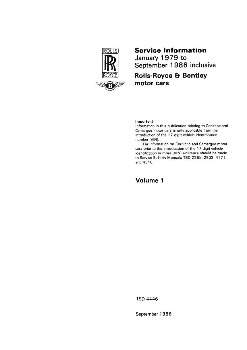 1979-1986 Rolls-Royce / Bentley Vol.1 / Vol.2 S.I.S Parts & Service Bulletins