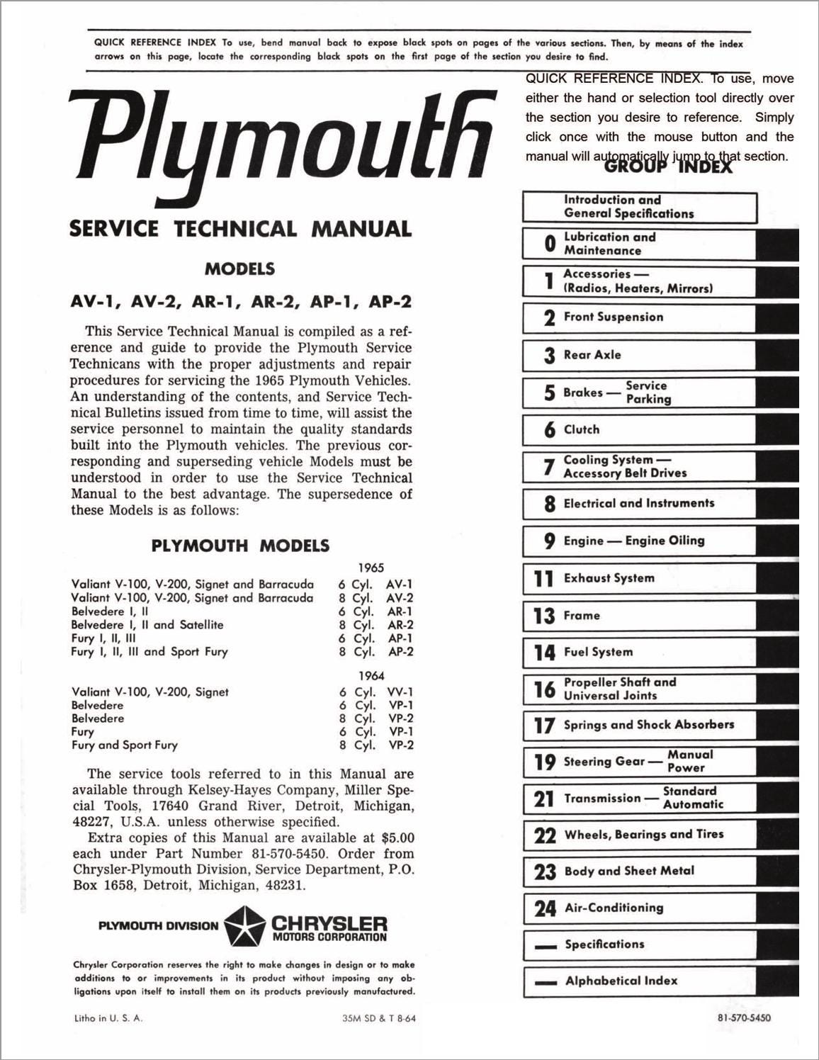 1965 Chrysler Plymouth Complete Workshop Repair Service Manual