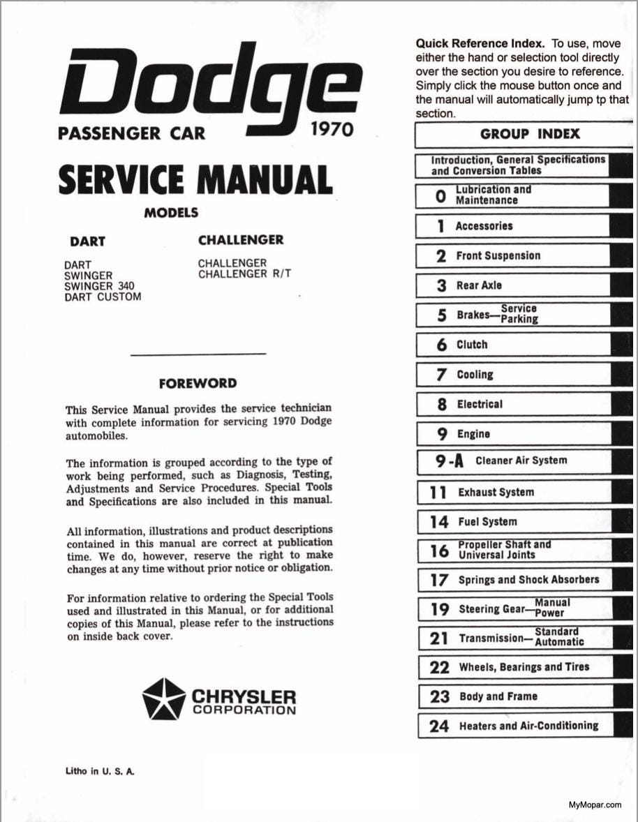 1970 Dodge Challenger Dart Complete Workshop Repair Service Manual