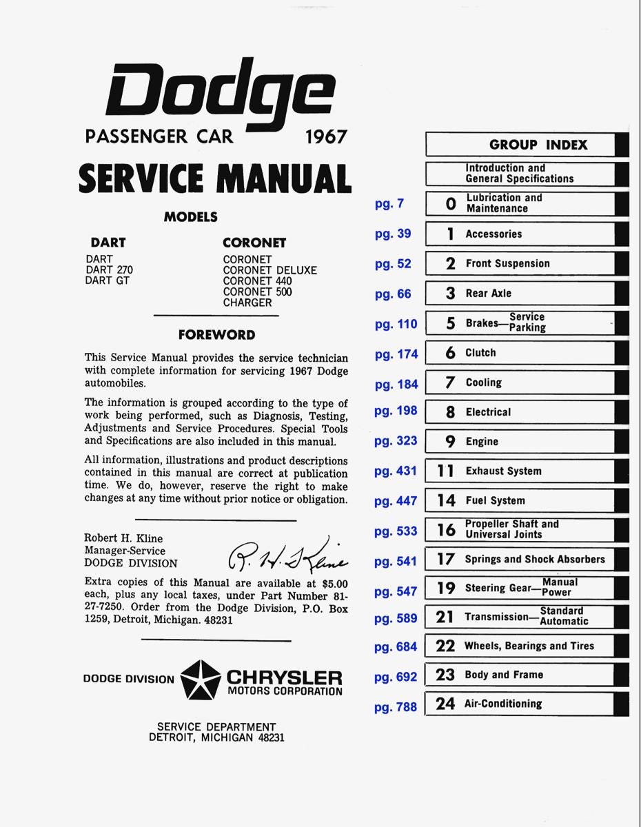 1967 Dodge Dart Coronet Charger Complete Repair Service Manual